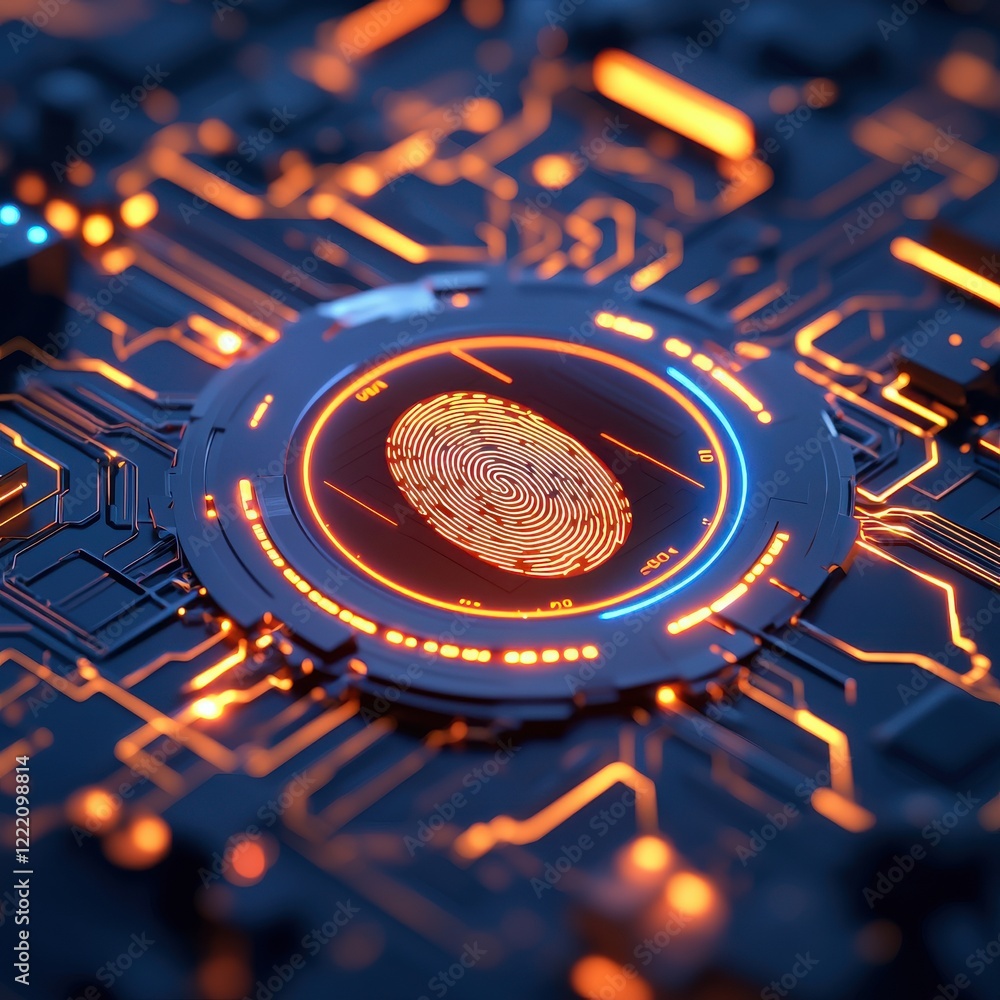 Poster anti tracking anonymity fingerprint biometric concept. futuristic fingerprint scan on a digital circ