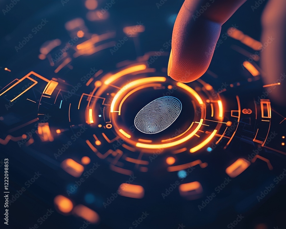 Poster anti tracking anonymity fingerprint biometric concept. futuristic fingerprint scanning with digital 