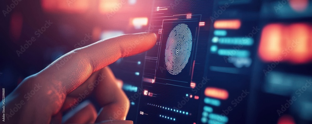 Poster anti tracking anonymity fingerprint biometric concept. a finger scanning a digital fingerprint on a 