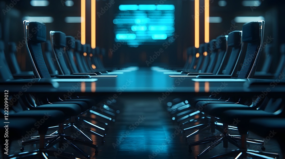 Poster data driven corporate strategy meeting with projection in futuristic boardroom empty 3d of modern in