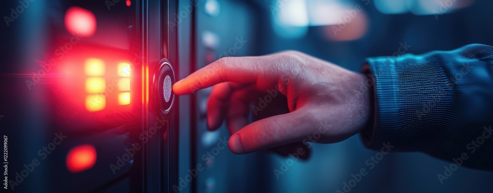Poster anti tracking anonymity fingerprint biometric concept. hand pressing a button on a control panel wit