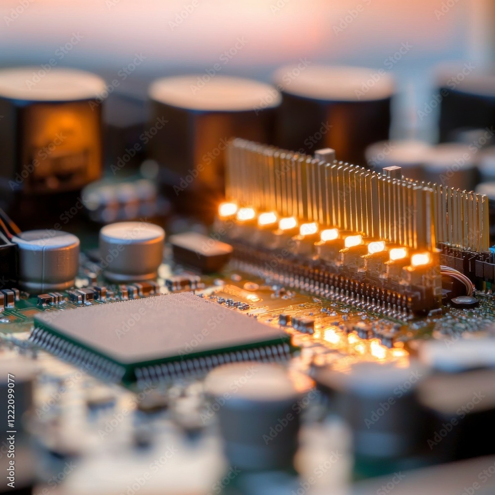 Poster illuminated microchip circuit board close up technology electronics hardware computer