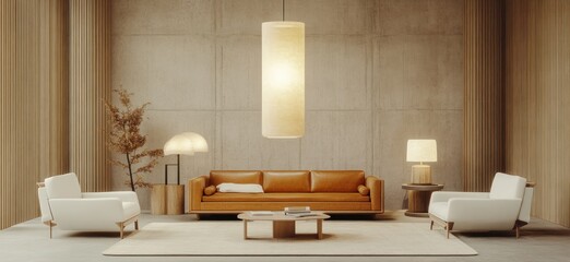 Minimalist living room with leather sofa, white armchairs, and contemporary lighting.