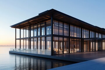 Obraz premium A waterfront minimalist building with large glass panels, dark wooden beams, and a seamless rooftop terrace