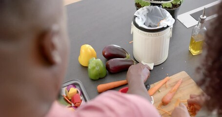 Preparing fresh vegetables in kitchen, couple composting vegetable scraps