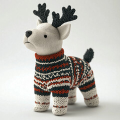 Unique knitted figurine of a dog with antlers wearing a colorful sweater in a cozy setting