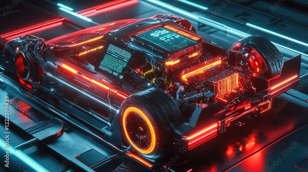 Poster An electric vehicle featuring an advanced battery pack glowing with neon lights, surrounded by a sleek, futuristic design and a holographic display of energy metrics and performance stats