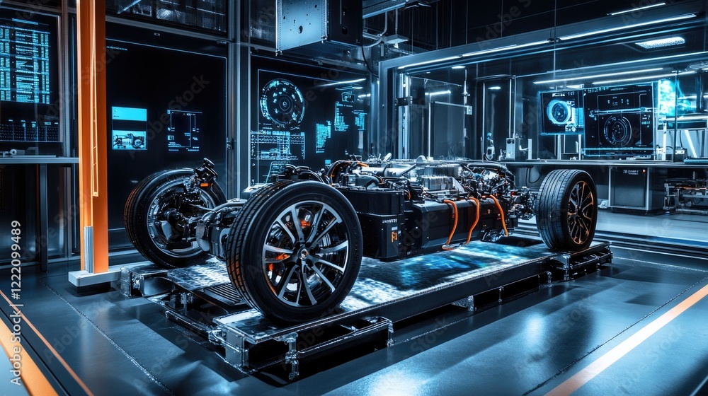 Aufkleber An electric vehicle powertrain displayed in a futuristic lab, surrounded by holographic elements showing real-time performance, diagnostics, and key system data