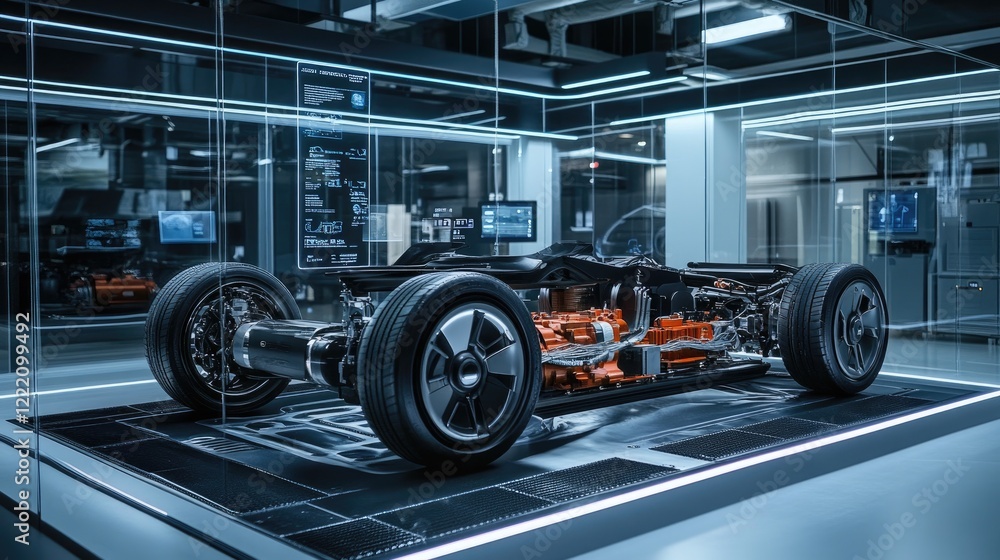 Aufkleber an electric vehicle powertrain displayed in a futuristic lab, surrounded by holographic elements sho