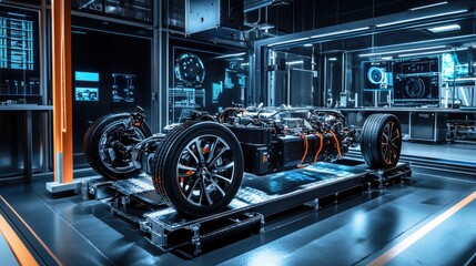 Fototapeta premium An electric vehicle powertrain displayed in a futuristic lab, surrounded by holographic elements showing real-time performance, diagnostics, and key system data
