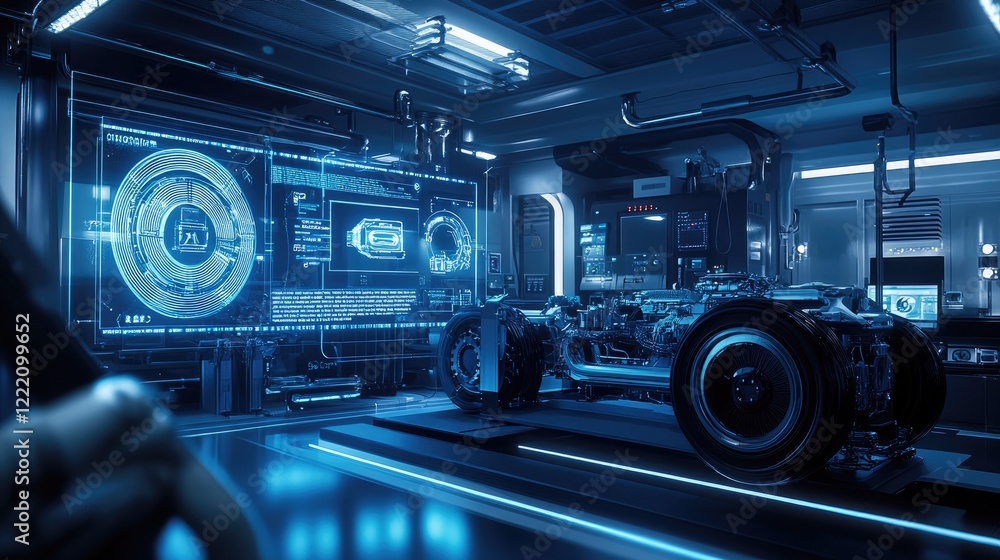 Poster An electric vehicle powertrain displayed in a futuristic lab, surrounded by holographic elements showing real-time performance, diagnostics, and system details