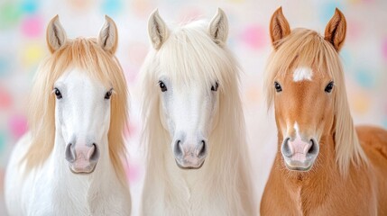 Three ponies posing, pastel background, studio shot, family pet concept