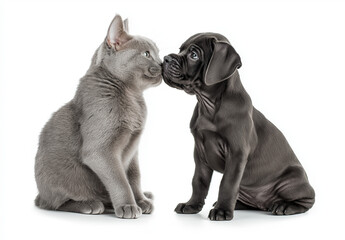 Obraz premium A gray cat and a black Cane Corso puppy playing together, against a white background. This high-resolution real photograph was taken from the side.