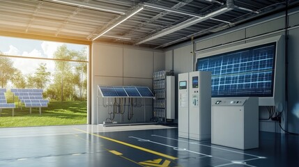 An energy storage system displayed in a renewable energy facility, with digital interfaces and holographic solar panels, highlighting efficiency and sustainability