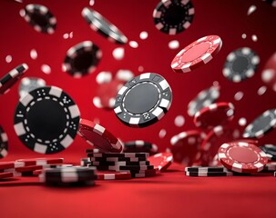 Fototapeta premium flying casino poker chips, on a red background, generative ai