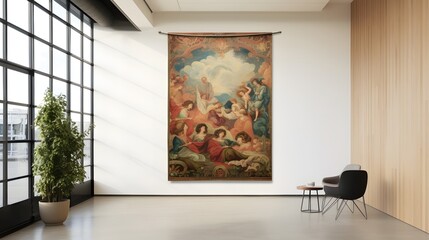 Stunning woven tapestry hanging proudly in an art gallery adding a touch of cultural elegance and creative flair to the modern interior design