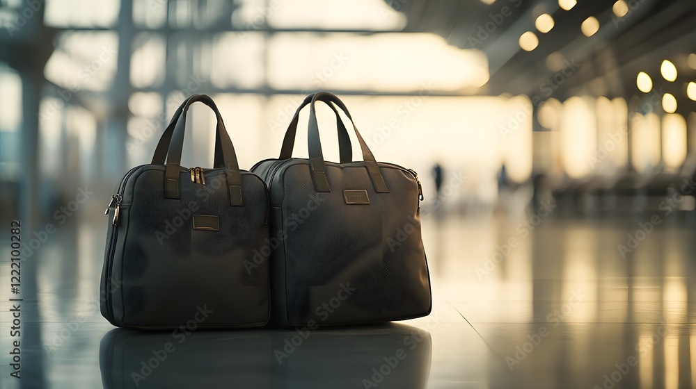 Poster elegant travel bags positioned against a serene airport backdrop with a glowing bokeh effect created