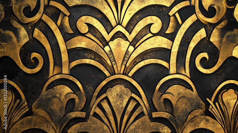 Poster art deco gold pattern with geometric shapes and graceful swirls, creating a refined and vintage ambi