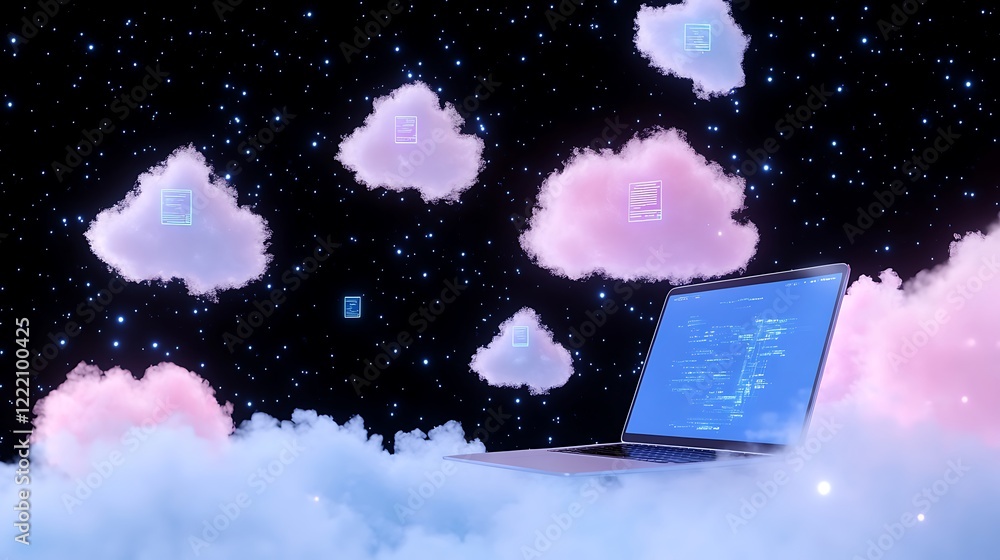 Poster laptop displaying cloud technology with data and digital icons for modern computing