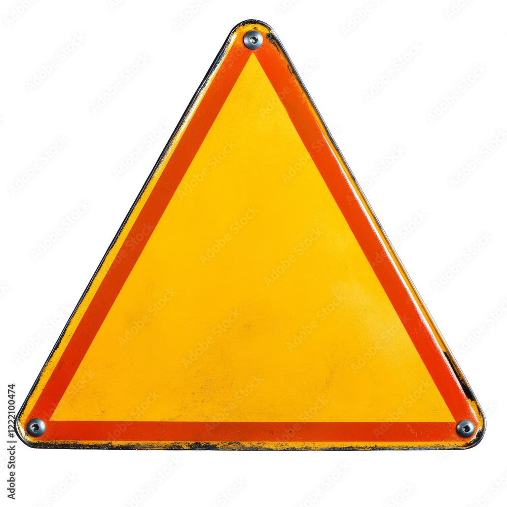 Poster The image shows a weathered yellow triangular road sign with a red border, suitable for a warning message.