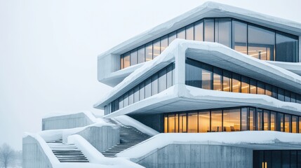 Obraz premium Modern Architectural Building Covered in Snow with Sleek Lines