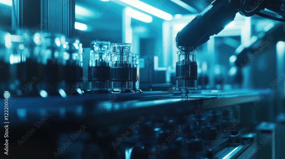 Poster battery cell housing system being assembled by robotic arms in a futuristic manufacturing facility, 