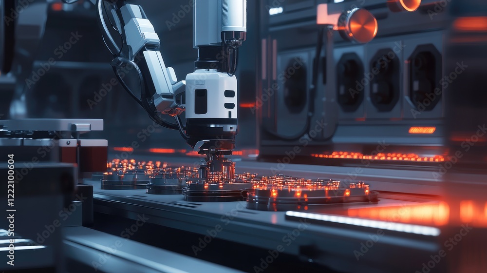 Poster battery cell housing system in a modern manufacturing facility, with robotic arms assembling compone