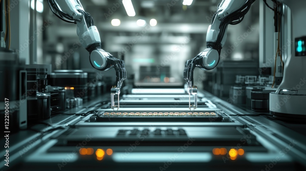 Poster battery cell housing system in a modern manufacturing facility, with robotic arms assembling compone