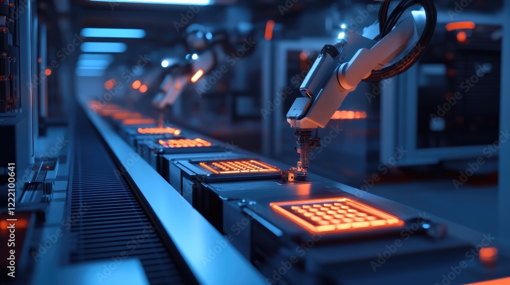 Poster battery cell housing system in a modern manufacturing facility, with robotic arms assembling compone