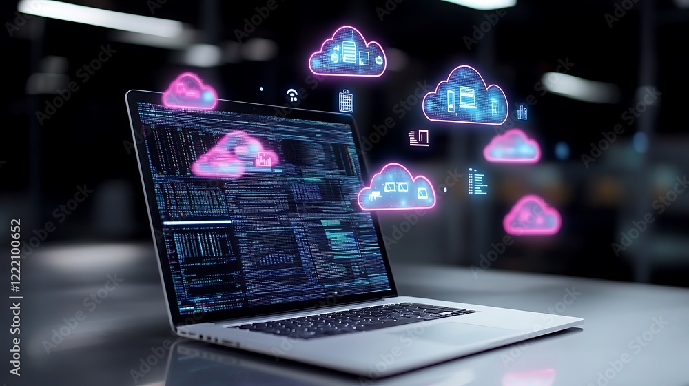 Poster laptop displaying cloud technology with data and digital icons for modern computing