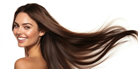 A beautiful woman with long hair is smiling and laughing against a white background