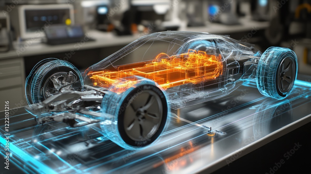 Leinwandbilder Chassis of an electric vehicle displayed in a high-tech lab, with a dynamic digital hologram showcasing stress analysis and real-time performance data for engineering precision