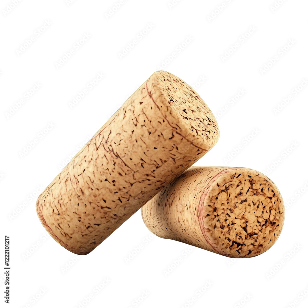 Poster a high resolution image shows two wine corks lying against a plain black background.