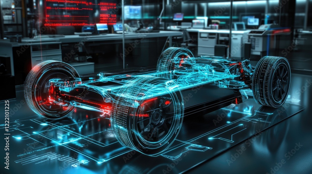 Aufkleber Chassis of an electric vehicle displayed in a high-tech lab, with a dynamic digital hologram showcasing stress analysis and real-time performance data for engineering precision