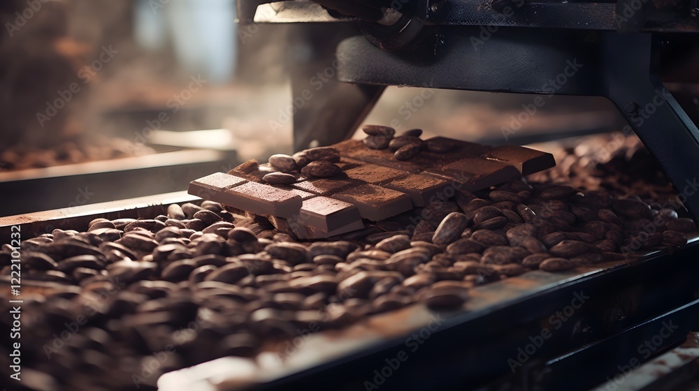 Aufkleber automated chocolate production line processing cocoa beans into packaged chocolate bars in a modern 