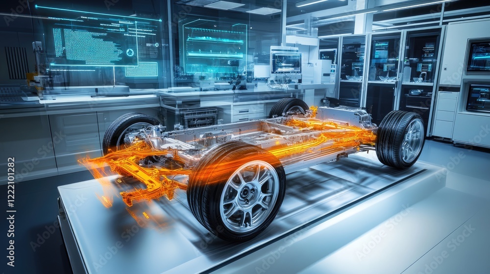 Poster Chassis of an electric vehicle displayed in a high-tech lab, with a dynamic digital hologram showcasing stress analysis and real-time performance data for engineering precision