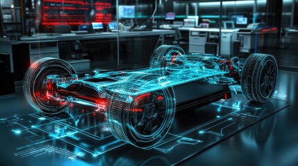 Obraz premium Chassis of an electric vehicle displayed in a high-tech lab, with a dynamic digital hologram showcasing stress analysis and real-time performance data for engineering precision