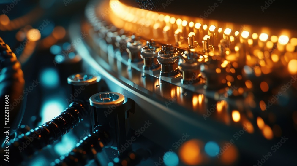 Poster close-up of fiber optic connectors connected to a control box in a pristine, technical environment, 