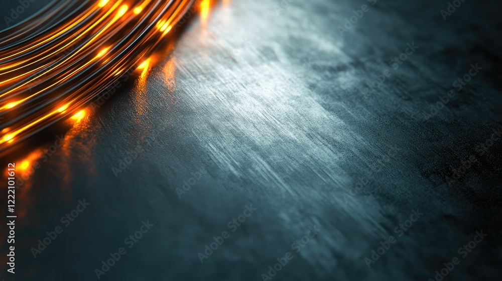 Poster close-up of fiber optic strands glowing in a cable, set against a metallic surface, symbolizing adva
