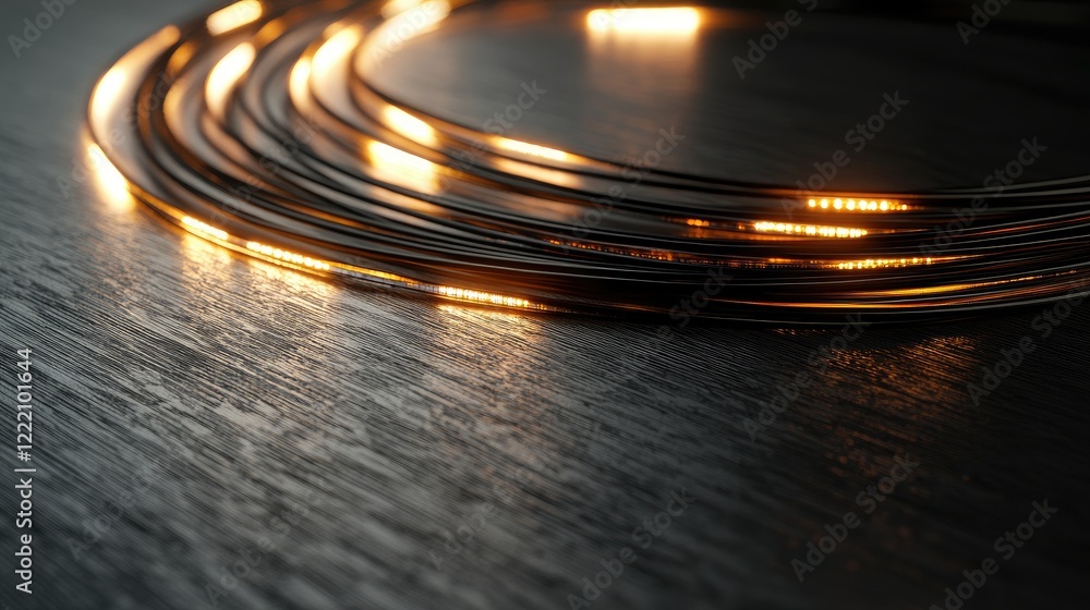 Poster close-up of fiber optic strands glowing in a cable, set against a metallic surface, symbolizing adva