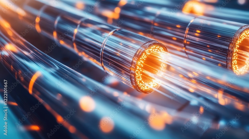 Poster close-up of fiber optic strands glowing in a cable, set against a metallic surface, symbolizing adva