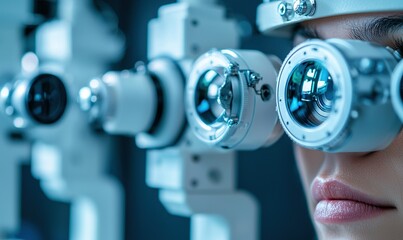 Fototapeta premium Patient undergoing eye exam with modern equipment in clinic