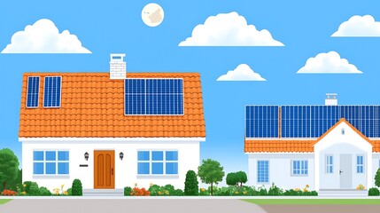 Modern house with solar panels on the roof and a bright blue background