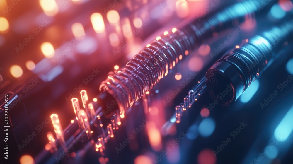 Poster Close-up of neatly organized fiber optic MTP (MPO) pigtail and patchcord connectors, representing cutting-edge networking solutions in a tech workspace