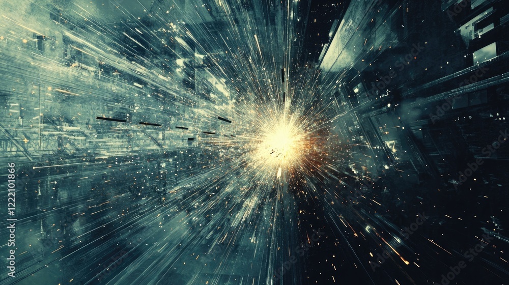 Poster Close-up of welding sparks in an industrial setting, blending with abstract machinery and steel, creating a dynamic and modern backdrop for manufacturing or engineering visuals