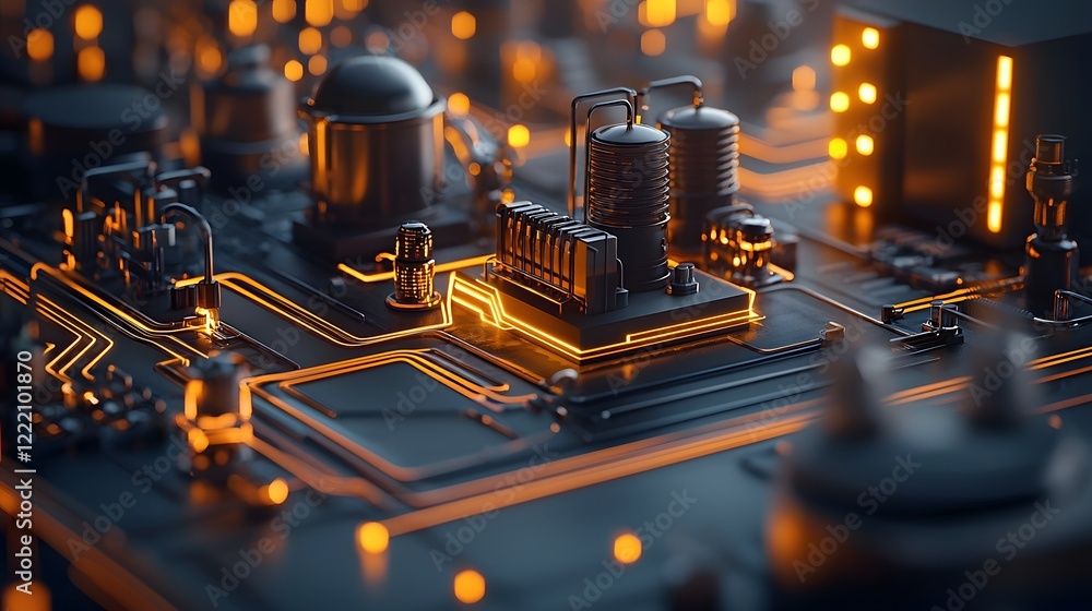 Poster futuristic 3d of a high tech energy management network system powered by intelligence and glowing di