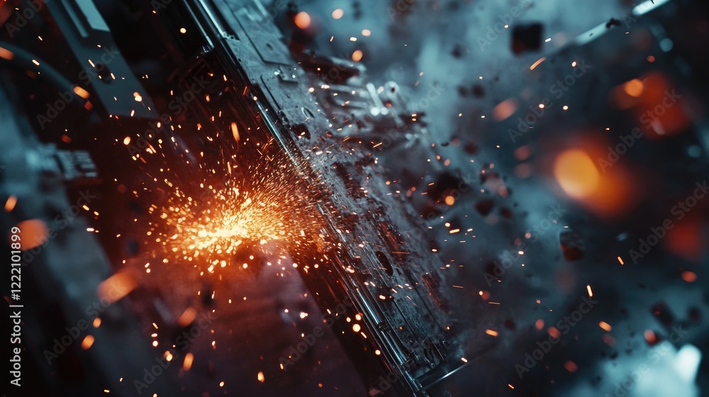 Poster close-up of welding sparks in an industrial setting, blending with abstract machinery and steel, cre