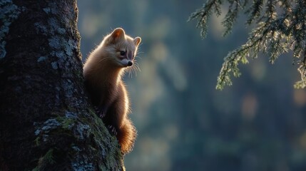 Obraz premium beech marten (Martes foina), also known as the stone marten is on the trunk of a spruce tree