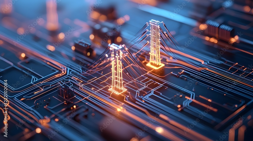 Poster futuristic 3d of an ai powered electricity grid management system with a glowing