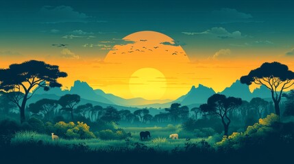 Obraz premium Stunning African Savanna Sunset Landscape with Silhouetted Animals and Lush Vegetation